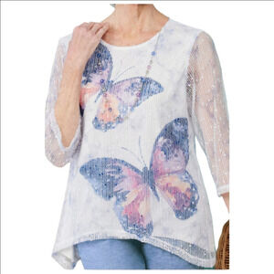 Alfred Dunner Sharkbite Hem Butterfly Inspired Sequin Crochet Blouse Size L